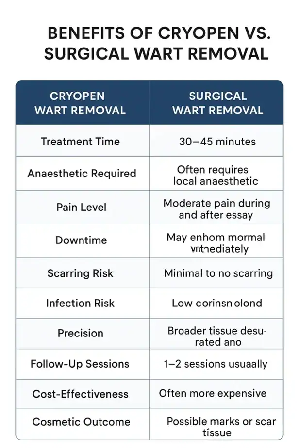 Table showing the benefits of cryopen to remove warts Hounslow compared to surgical treatment